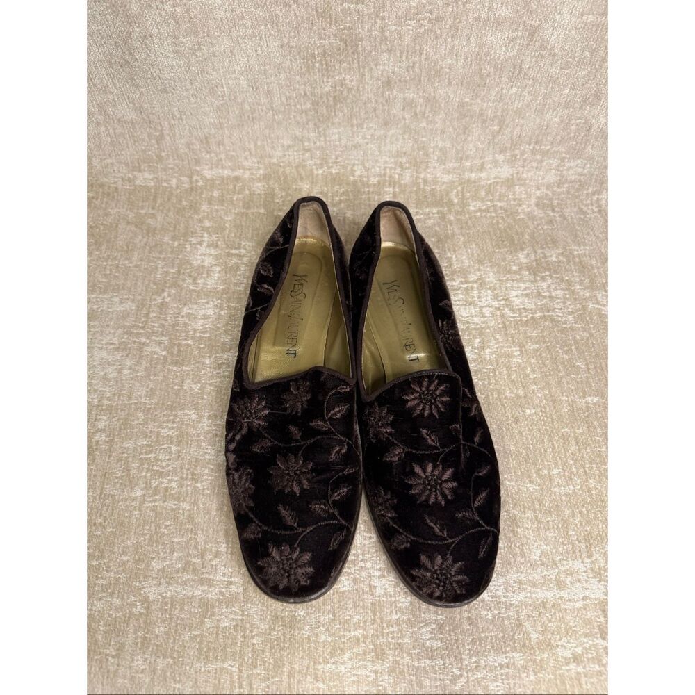 Yves Saint Lauren Women's Velvet Embroidered Floral Loafer Shoes Brown Size 9.5 - Picture 5 of 10